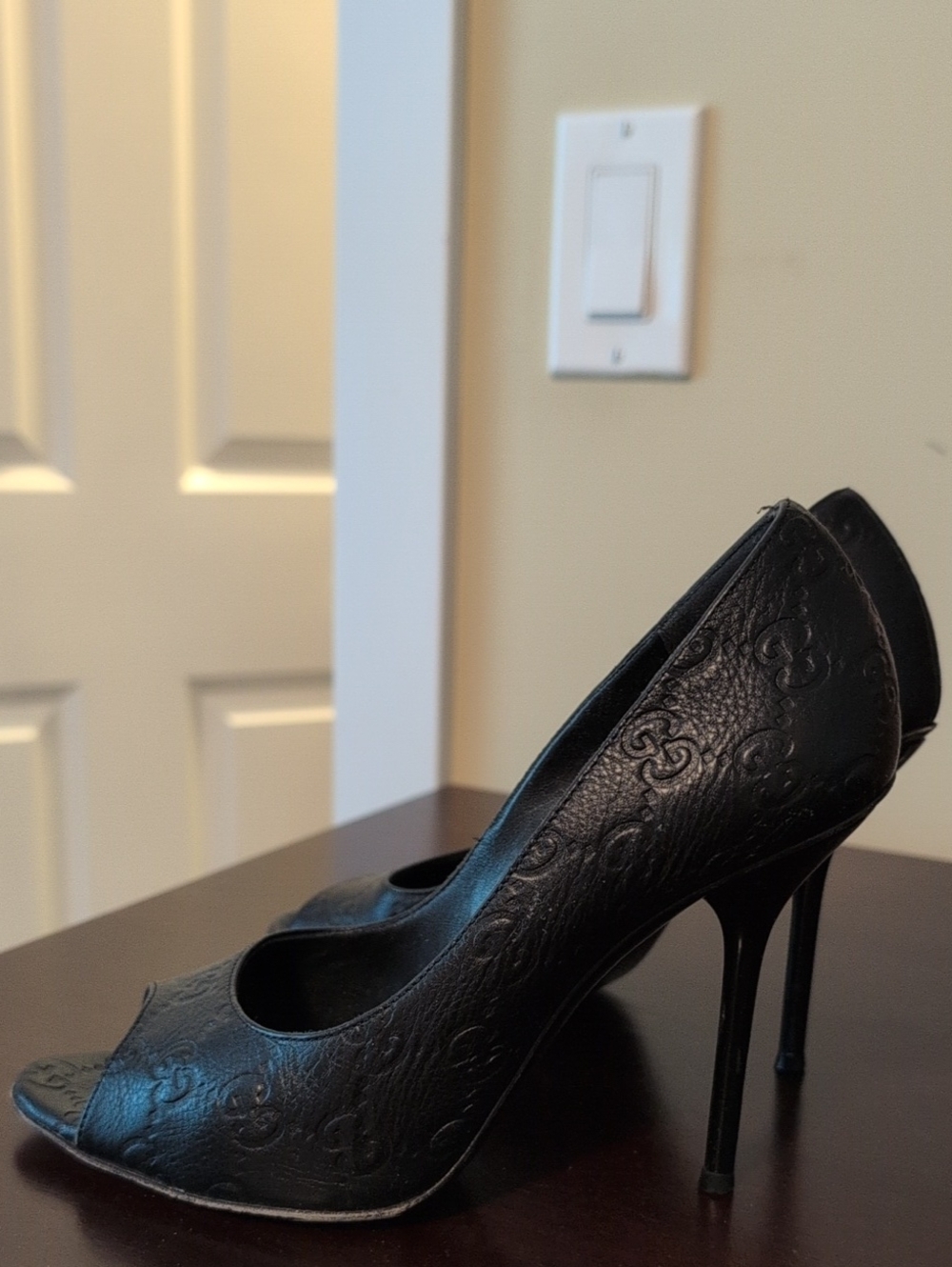 Gucci Black Embossed Leather Peep-Toe Stiletto Heels